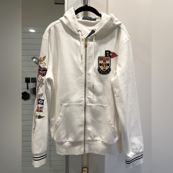 Polo Ralph Lauren Luxury Nautical Zip Up Hoodie in White Size Medium - NWT - Picture 2 of 16